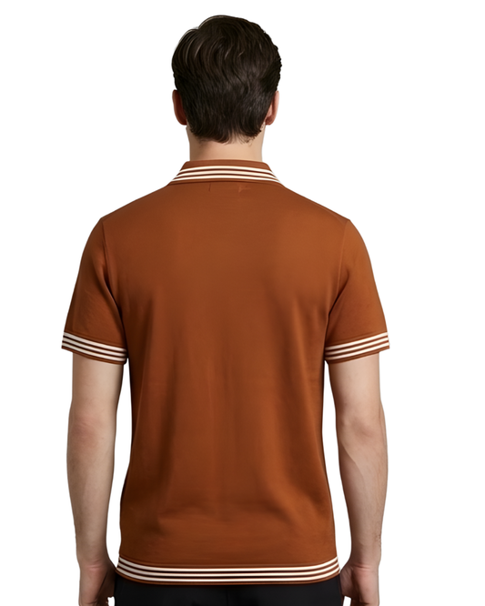 Men's Rust Textured Knit Polo T-Shirt | Half Sleeve with White Leaf Emblem & Striped Trim Design