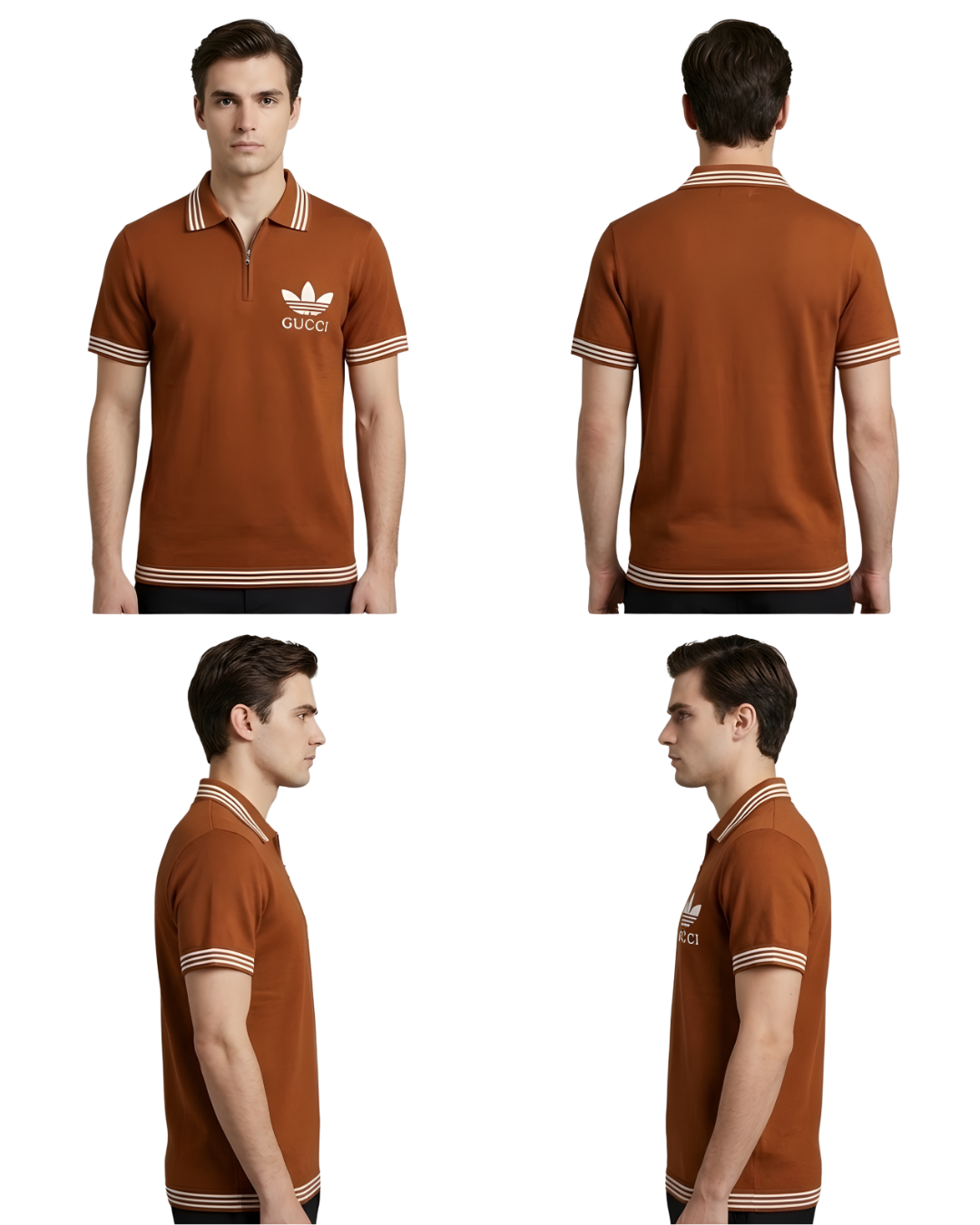 Men's Rust Textured Knit Polo T-Shirt | Half Sleeve with White Leaf Emblem & Striped Trim Design