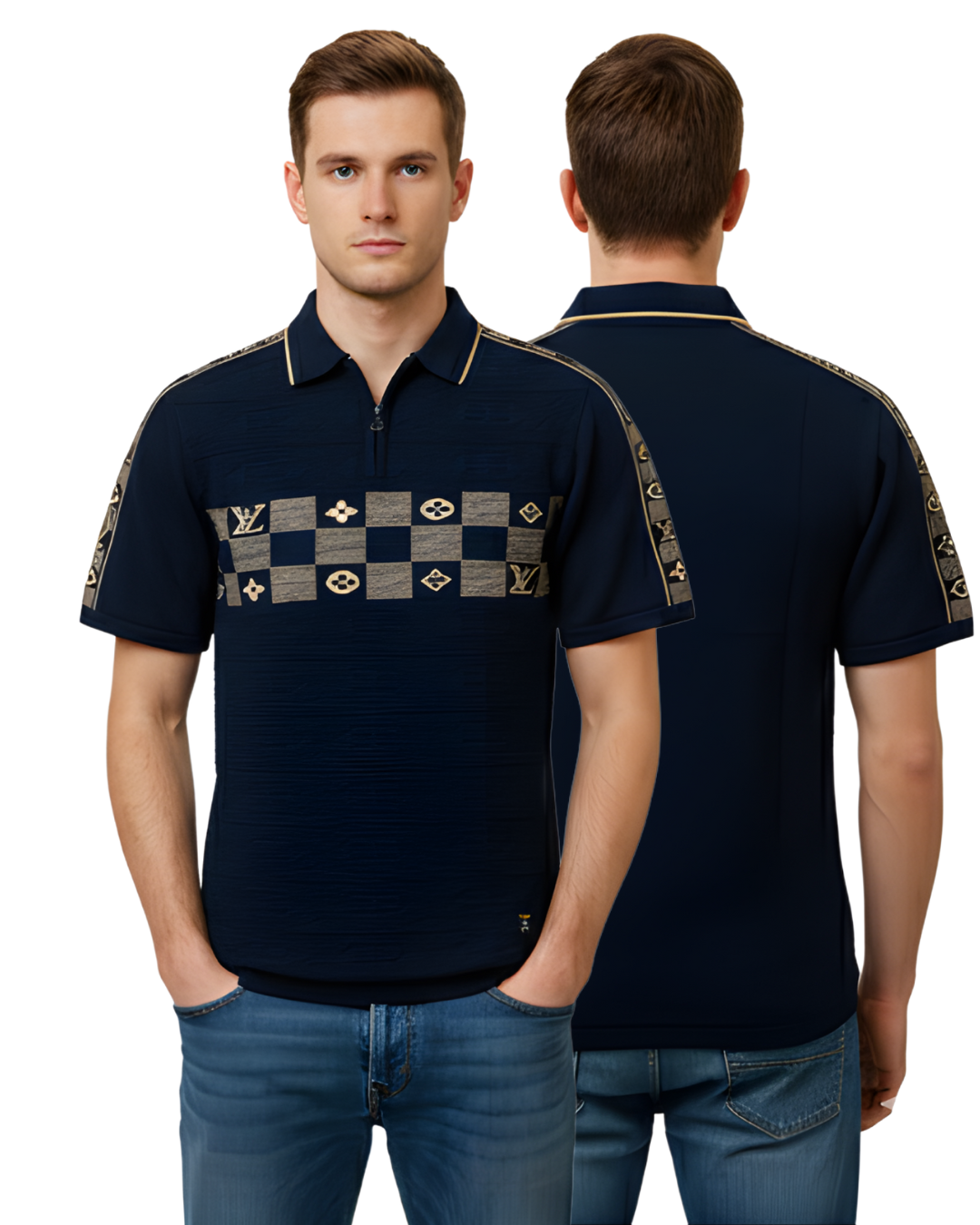 Men's Navy Textured Knit Polo T-Shirt | Half Sleeve with Beige Checkerboard & Sleeve Panel Design