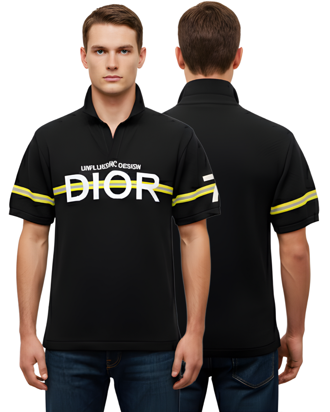 Men's Black Textured Knit Polo T-Shirt | Half Sleeve with Bold Front & Sleeve Graphic Design