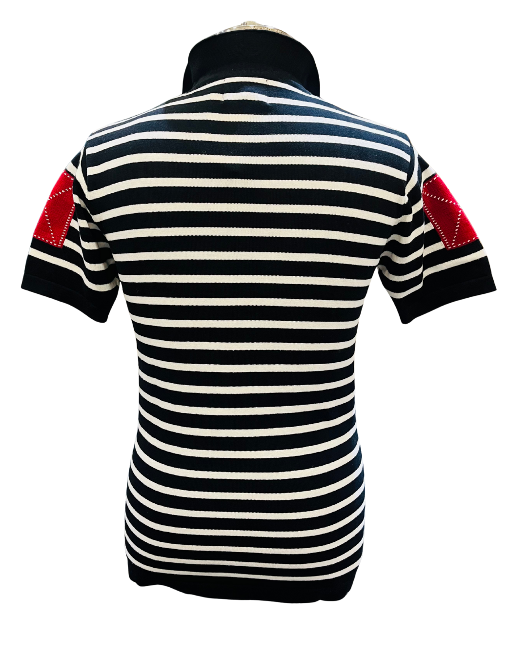 Men's Navy & White Striped Zip Polo T-Shirt | Half Sleeve with Red Patch Detailing