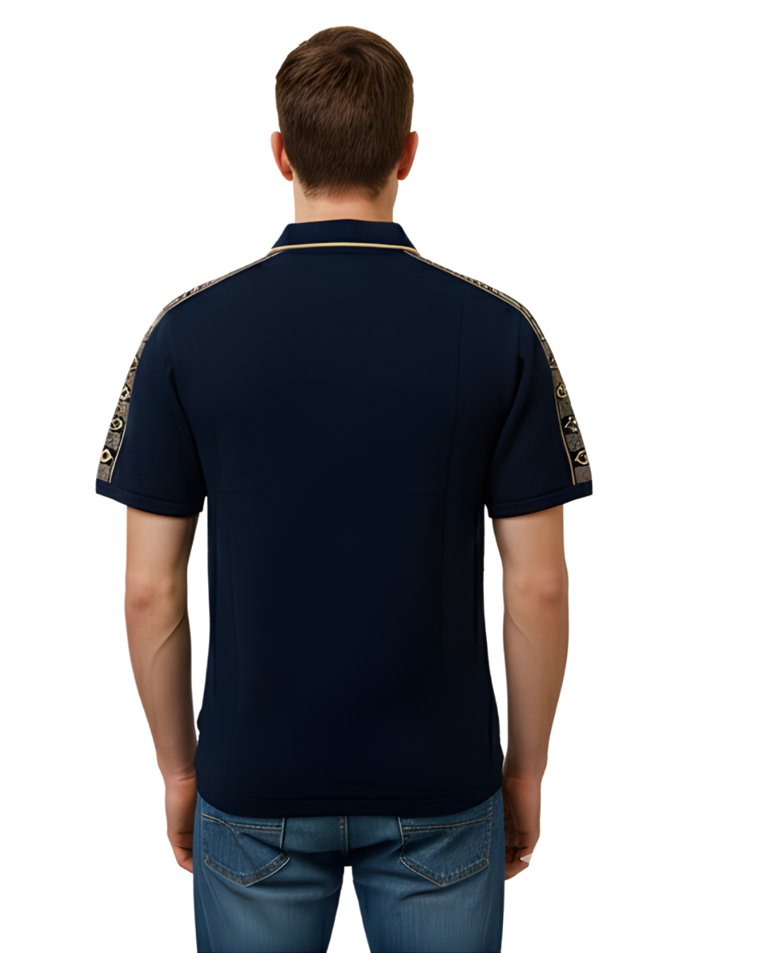 Men's Navy Textured Knit Polo T-Shirt | Half Sleeve with Beige Checkerboard & Sleeve Panel Design