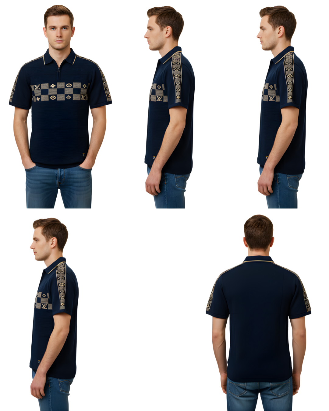 Men's Navy Textured Knit Polo T-Shirt | Half Sleeve with Beige Checkerboard & Sleeve Panel Design