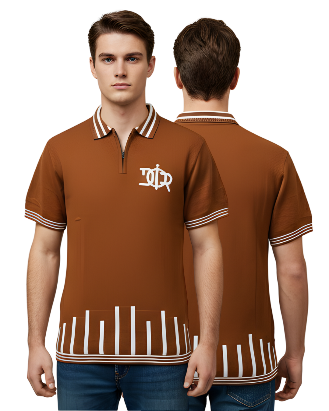 Men's Rust Textured Knit Polo T-Shirt | Half Sleeve with White Chest Graphic & Vertical Hem Stripes