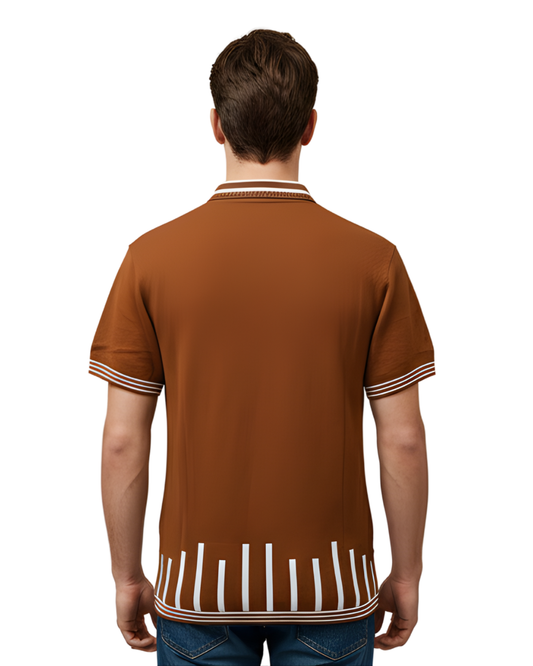 Men's Rust Textured Knit Polo T-Shirt | Half Sleeve with White Chest Graphic & Vertical Hem Stripes