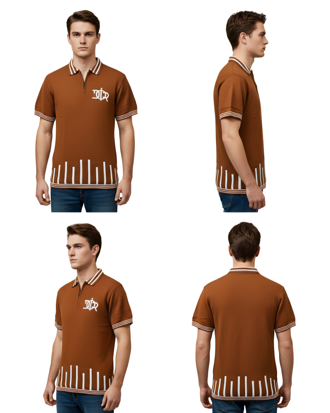 Men's Rust Textured Knit Polo T-Shirt | Half Sleeve with White Chest Graphic & Vertical Hem Stripes