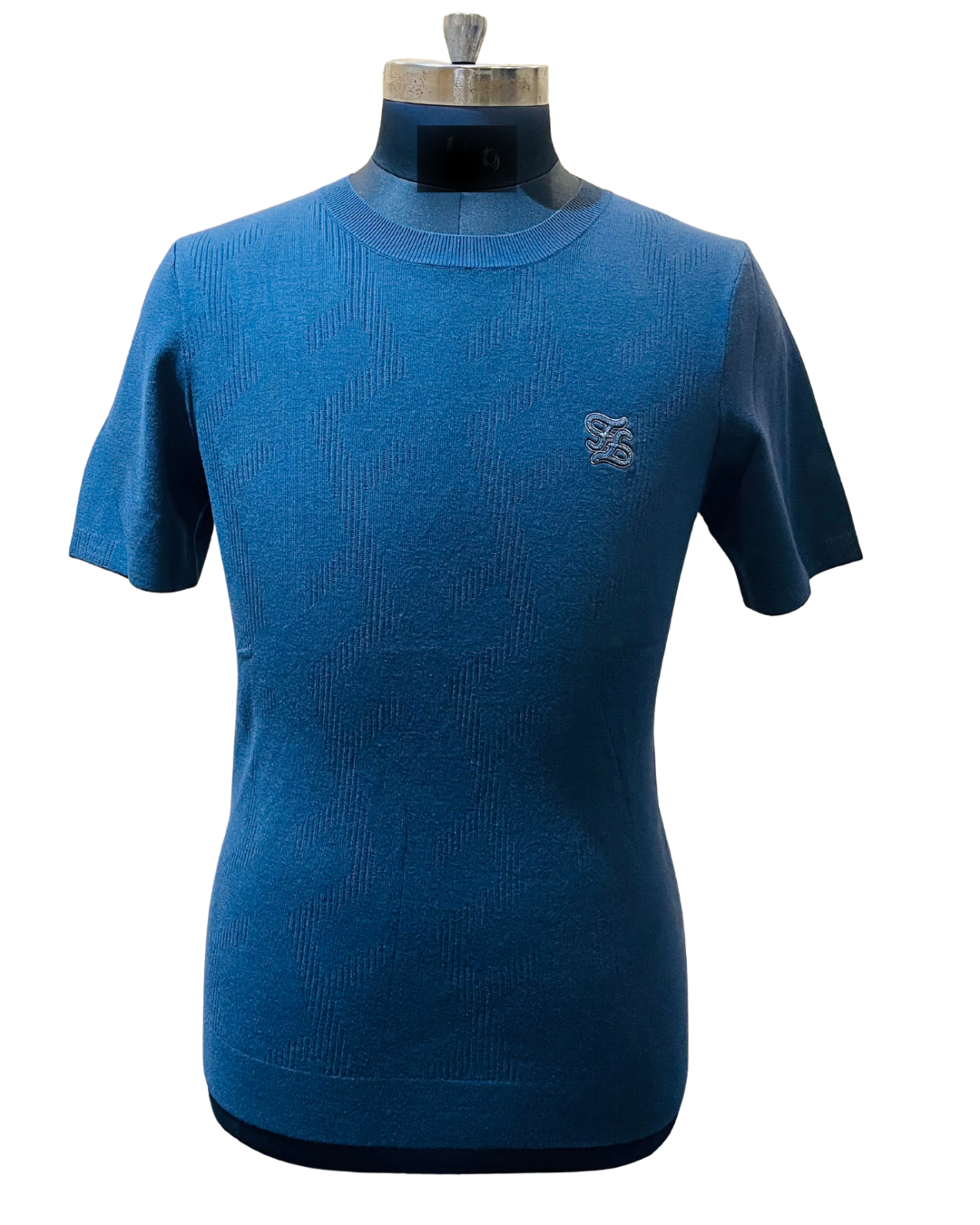 Men's Blue Textured Knit T-Shirt | Half Sleeve with Embroidered Logo Design