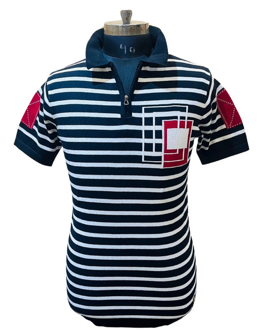 Men’s Navy Blue & White Striped Polo T-Shirt with Red Patch Design – Casual Cotton Half Sleeve Tee