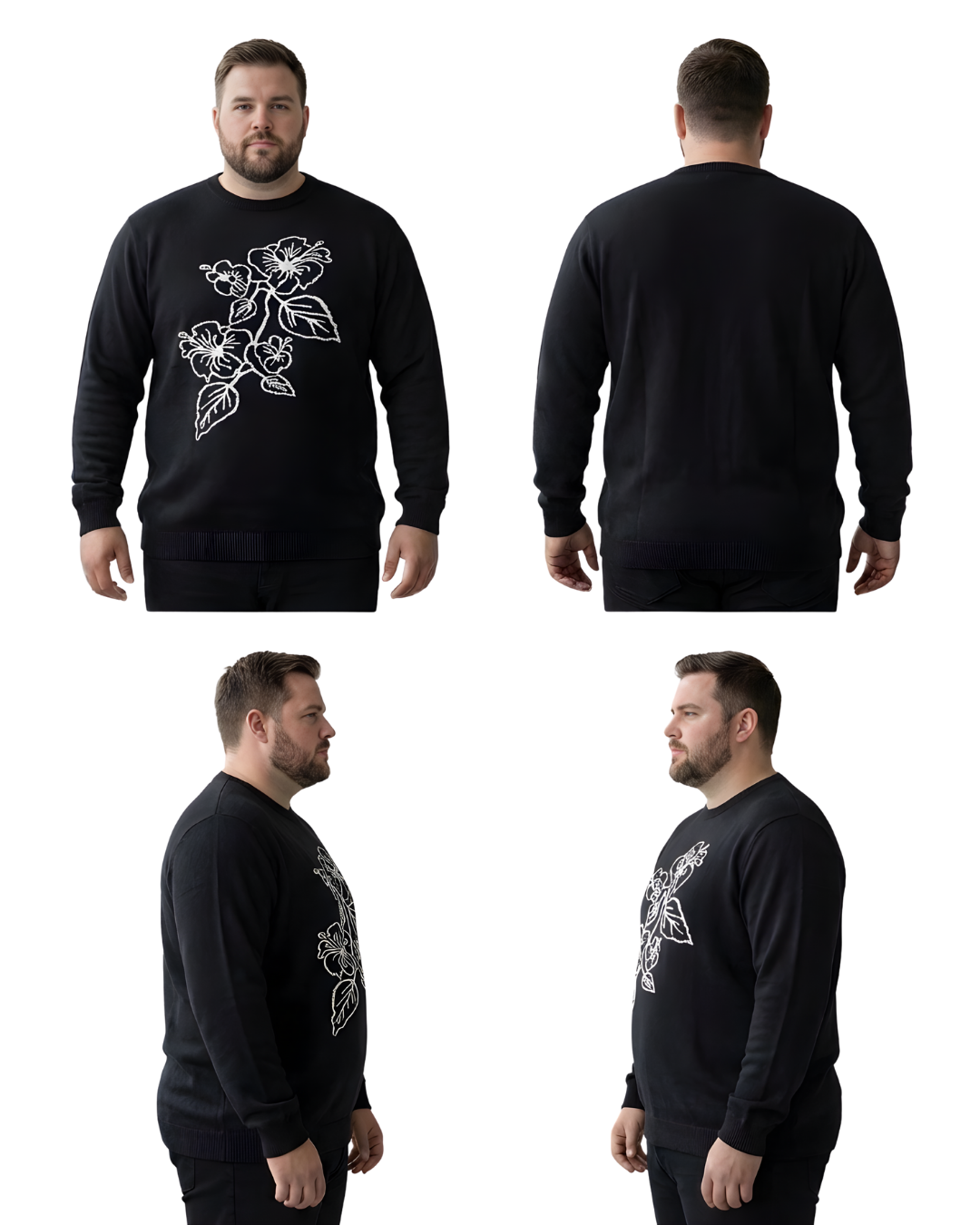 Men’s Black Floral Embroidered Sweatshirt (3XL–6XL)