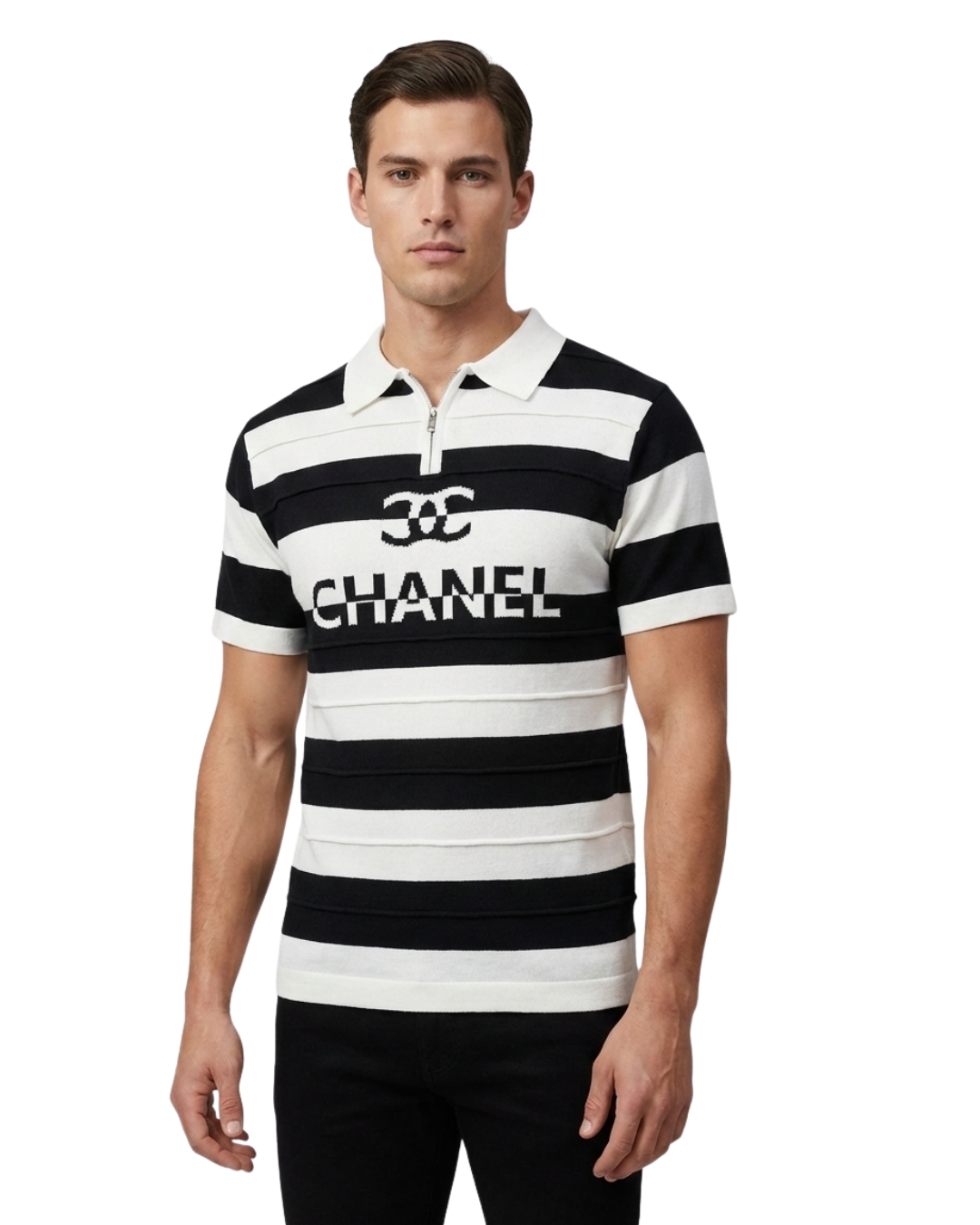 Men's Black & White Striped Knit Polo T-Shirt | Half Sleeve with Bold Front Graphic Design
