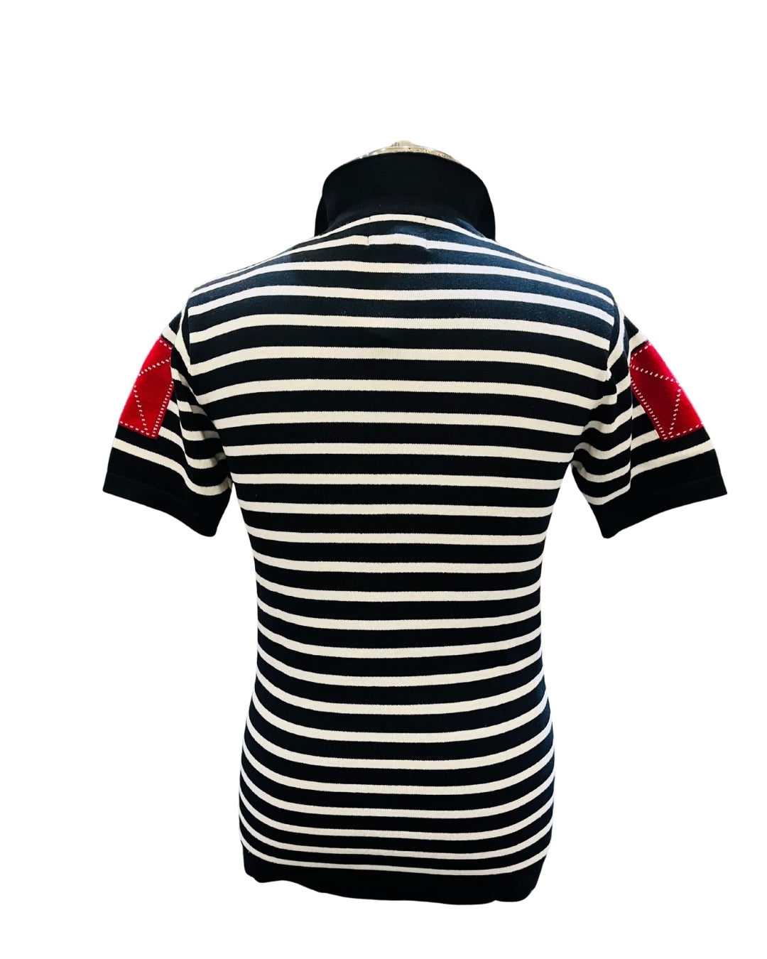 Men’s Navy Blue & White Striped Polo T-Shirt with Red Patch Design – Casual Cotton Half Sleeve Tee