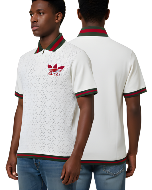 Men's White Textured Knit Polo T-Shirt | Half Sleeve with Maroon Graphic & Green-Red Trim Design