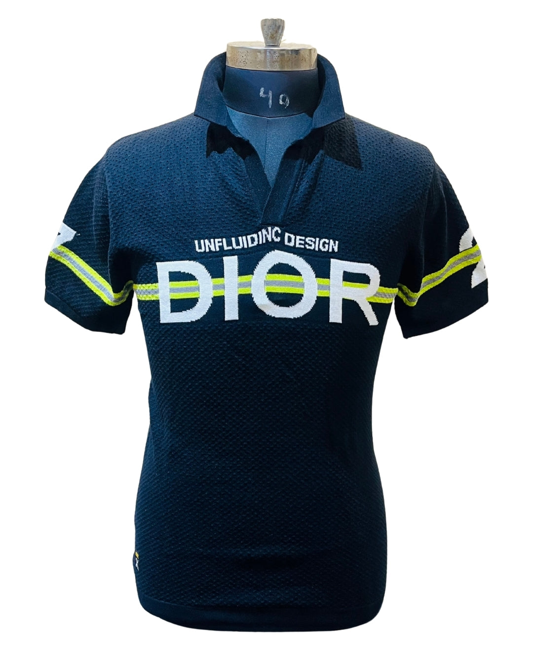 Men’s Dark Blue Turkish Knit Polo T-Shirt – Zip Neck, Half Sleeves & DIOR Print