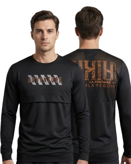 Men's Black Adventure Graphic Sweatshirt | Full Sleeve with Mesh Back Panel Design