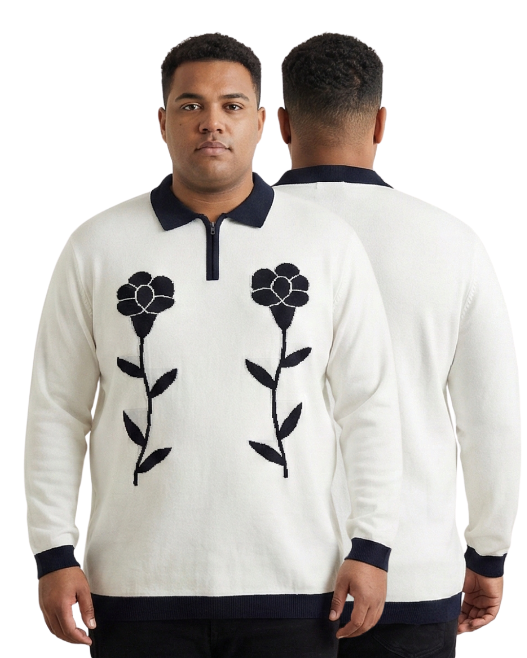 Men’s Premium Knit Polo Sweatshirt | Floral Jacquard Design | Luxury Winter Wear (3XL–6XL)