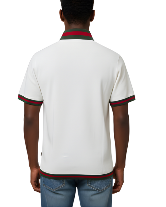Men's White Textured Knit Polo T-Shirt | Half Sleeve with Maroon Graphic & Green-Red Trim Design