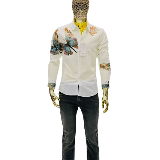 Men’s White Cotton Shirt with Butterfly Print – Slim Fit Designer Casual & Party Wear