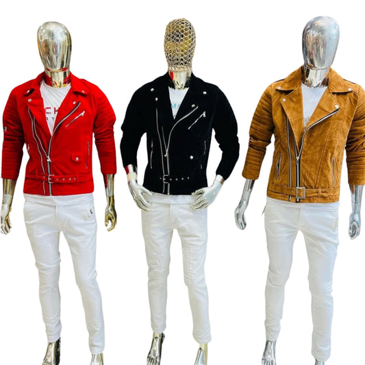 Men’s Suede Biker Jacket with White Jeans – Premium Streetwear Collection