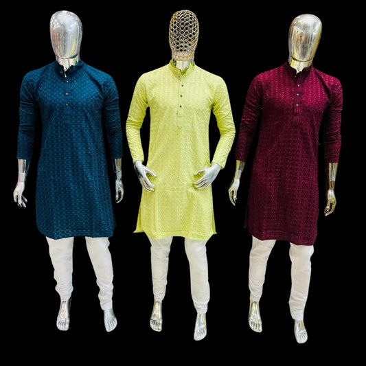 Men’s Embroidered Kurta with White Churidar – Festive Collection