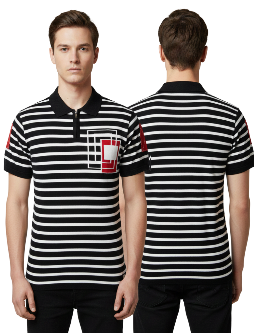Men's Navy & White Striped Zip Polo T-Shirt | Half Sleeve with Red Patch Detailing