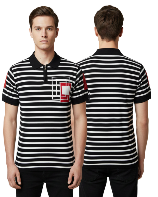Men's Navy & White Striped Zip Polo T-Shirt | Half Sleeve with Red Patch Detailing